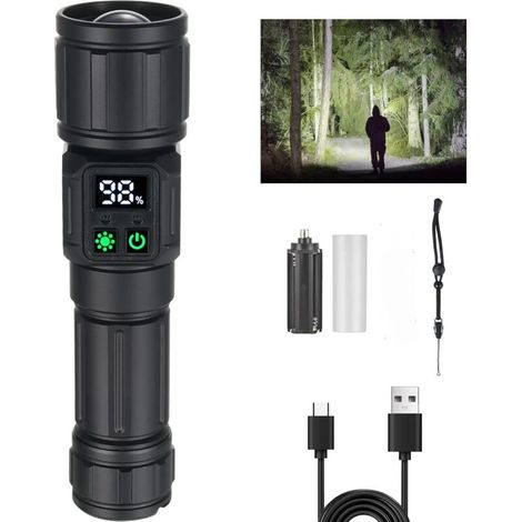 Lampe Torche LED Ultra Puissante avec Zoom Rechargeable USB C , 9 Modes + Lumière Latérale & Affichage Batterie,Résistant à la Pluie pour Chasse, Camping, Urgences (1/5)