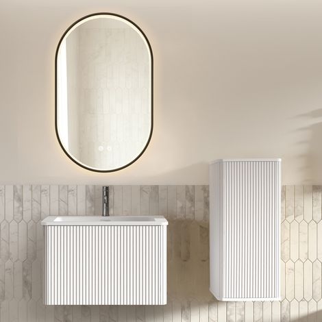 Conjunto de muebles de baño con lavabo, mueble bajo lavabo y espejo LED, lavabo suspendido de 60 cm con mueble bajo lavabo, unidad de almacenamiento. (1/5)
