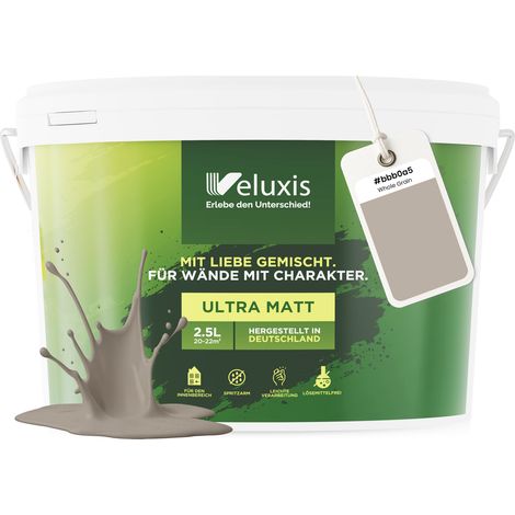 Wandfarbe Hellgrau Creme Beige Matt Innenfarbe – Deckkraft Klasse 1, VOC-frei, Ohne Grundierung, Tropfarm – Wohnzimmer & Schlafzimmer – 2,5L – Veluxis (Whole Grain)
