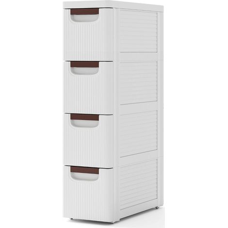 Mueble de baño estrecho con 4 cajones y ruedas, estante nicho, mueble de baño blanco