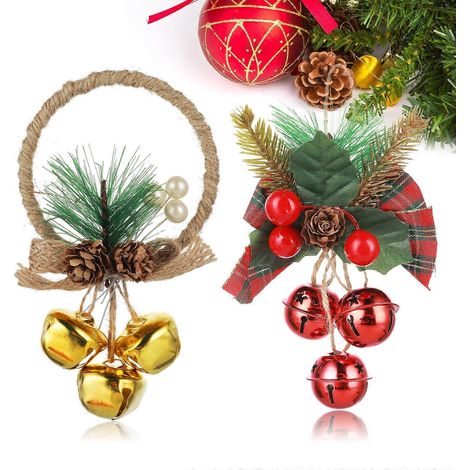 Große Weihnachtsglocken, 2er-Set für Weihnachtsdekorationen: Türglocken mit Beeren und Schleife, Weihnachtskranz (Rot und Gold). (1/5)