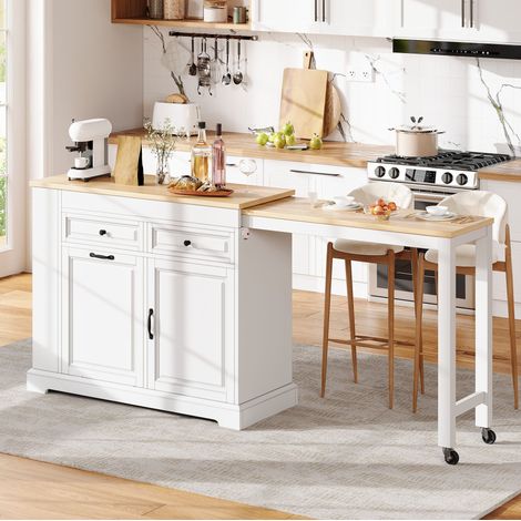 Isla de cocina móvil extensible con ruedas, 112-180 x 45 x 92 cm, blanco y natural HAVRYA (1/5)