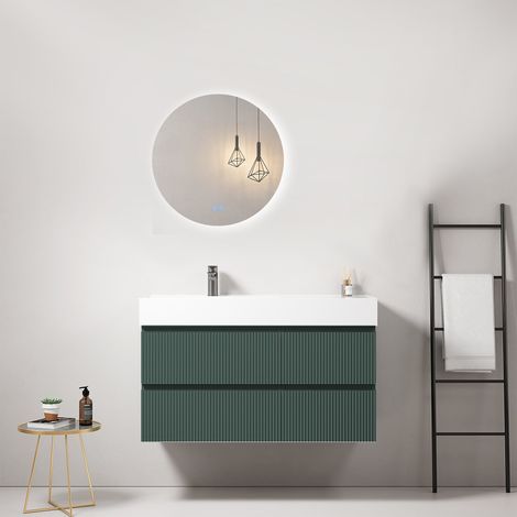 Mobile bagno sospeso cannettato 100 cm Verde Comodoro Lavabo a Sinistra in Resina Specchio Tondo Retroilluminato - Fiji Paint