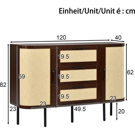Buffet rangement 2 portes battantes structure en mdf angles arrondis façades tressées 3 tiroirs étagères réglables en hauteur (1/3)