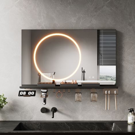 SIRHONA Anti-Fog Mirror lumineux de salle de bain with avec support de rangement, réglable en 3 couleurs, cadre noir élégant, 100x60cm