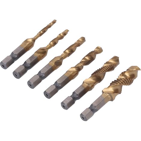 Jeu de 6 tarauds combinés à queue hexagonale, tarauds à goujures hélicoïdales, outil de taraudage en acier rapide, couleur or (1/5)