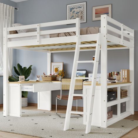 Hochbett 140x200cm Kinderbett mit zwei Schubladen und Aufbewahrungsregal, U-förmiger Langtisch, Stabile Lattenroste, Weiß+Natur (1/5)