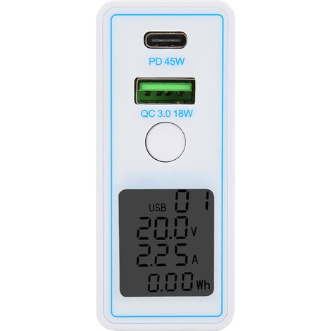 Schnelllade-Netzteil mit 2 USB-C-Anschlüssen, PD- und QC-3.0-Unterstützung, Display und Schalter, Netzteil 100–240 V, US-Stecker mit EU-Adapter, tragbar und kompakt (1/5)