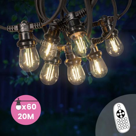 Guirlande Guinguette 20M 60 Bulbes Filament Blanc Chaud Dimmables - Guirlande Lumineuse Exterieur avec Ampoule E27 à Intensité Variable - Variateur de Luminosité et Télécommande Inclus