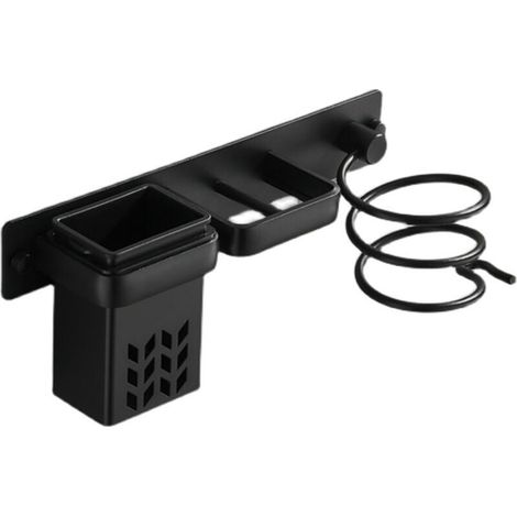 Wandhalterung für Badezimmer zur Aufbewahrung von Haartrocknern und Zubehör, Aluminium-Organizer mit Ablage und Löchern. Silber und Schwarz. (1/4)
