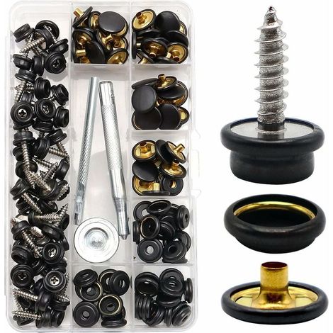 153 Kit de cierres a presión para lona, tornillos metálicos, sujetadores para tapicería, casquillo de 3/8", acero inoxidable con 3 herramientas de ajuste para alfombras de barcos, muebles (negro), (1/4)