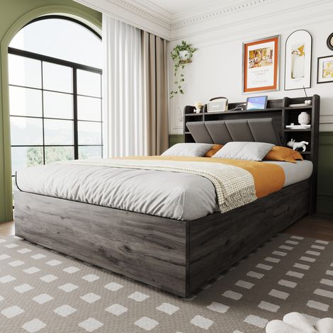 Bett 140x200 mit Stauraum und USB MDF Grau OKMYHOME (1/5)