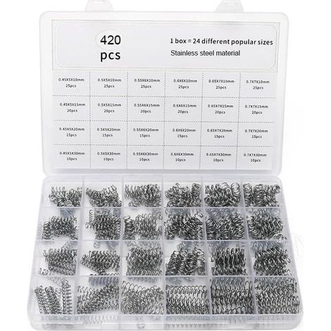 420 - Molla di compressione - Acciaio inossidabile - 24 varie misure per fai da te e riparazioni meccaniche - Argento - da 0,45x5x10mm a 0,7x7x30mm (1/5)