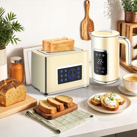 Ensemble petit-déjeuner crème avec écran tactile LED Bouilloire 1,7L 2200W Pain grille-pain large fente 2 tranches de (1/4)