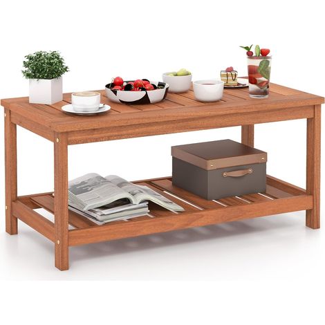 COSTWAY Mesa Consola para Patio, Mesa Auxiliar de 2 Niveles con Estructura de Madera Maciza, Tablero y Estante de Listones, Mesa de Centro para Exteriores para Porche, Balcón (1/5)