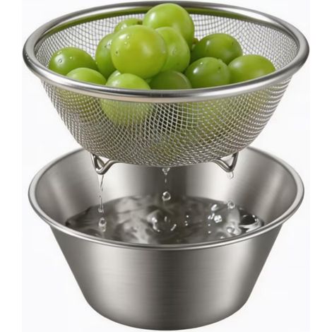 Lot de 2 mini passoires de cuisine en acier inoxydable 304 avec passoire et bols en acier inoxydable pour laver les fruits, les légumes, le riz (2, 16 x 7 cm) (1/5)