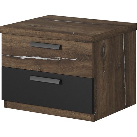 Nachttisch Schlafzimmer SOLMS-83 in Flagstaf Eiche dunkel Nb. und silber, kombiniert mit schwarz, B/H/T: ca. 46/37/40 cm (1/5)