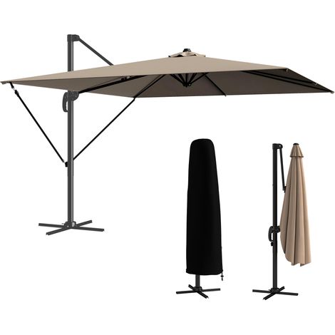 Parasol déporté en alumenium de 2,9 x 2,9 m avec manivelle, enclenaison réglable, rotation à 360°, base en croix et housse kaki