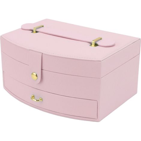 Boîte à bijoux de voyage portable à 2 compartiments en cuir PU avec fermoir et poignée pour boucles d'oreilles et colliers, rose (1/5)