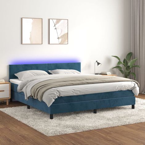 Lit Adulte - Sommier tapissier matelas et LED - Ensemble de lit tapissier - Chambre Intérieur Bleu foncé 180x200 cm Velours XRKJY8541929 (1/5)