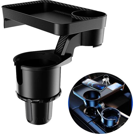 Porte-gobelet voiture extensible amovible, plateau rotatif 360° avec supports pour canettes, compatible avec la plupart des véhicules, organiseur de boissons pour auto. (1/5)
