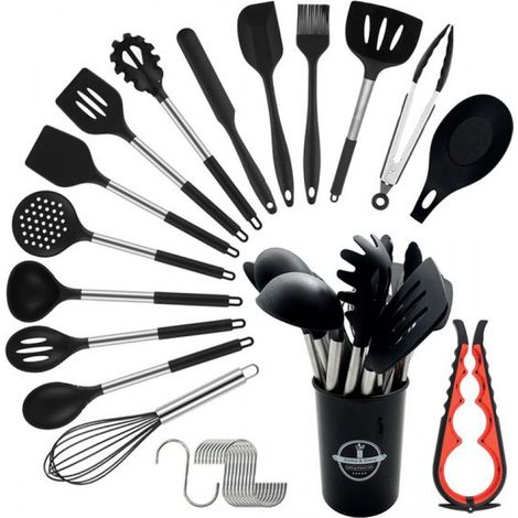 Ensemble d'ustensiles de cuisine - 17 pièces - Avec support - Silicone - Sans BPA - Antiadhésif - Ouvre-boîte multifonction - Crochets de suspension - Noir (1/5)