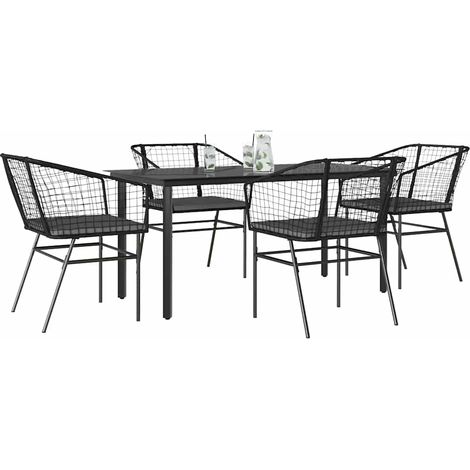 5-tlg. Garten-Essgruppe mit Kissen Schwarz Poly Rattan Glas