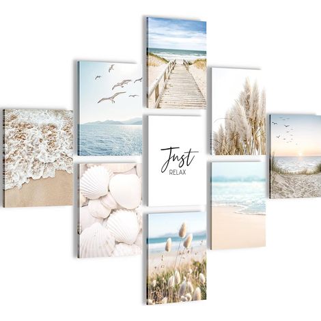 Tableau Décoration Murale- Plage et mer- To be relax- Decoration Chambre Salon- Prêt à être Accroché- 9 Cadres de 20x25 cm- Beige- N026091a (1/5)