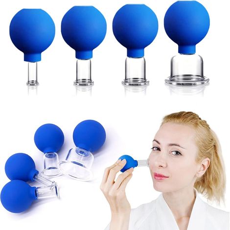 Juego de 4 ventosas de vidrio para el rostro  Succión de vacío de silicona  Terapia de masaje con ventosas  Juego contra la celulitis y las arrugas (1/5)