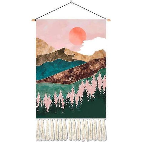 Tapisserie murale bohème en macramé tissé, motif lever de soleil et couleurs variées (1/5)