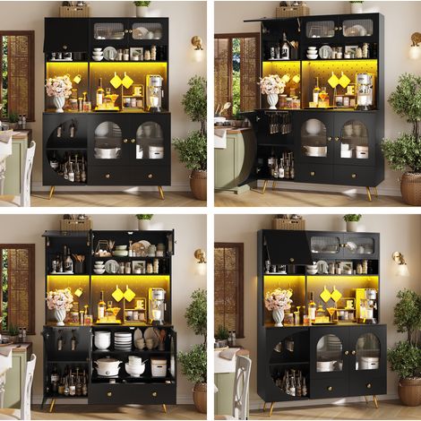 Buffet avec éclairage LED, ports USB et prises, armoire haute cuisine, rangement panneau perforé tiroir étagères verre, noir