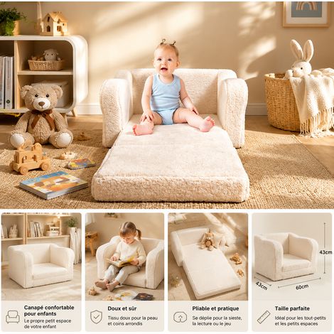 Fauteuil enfant convertible 2 en 1 en mousse avec tissu sherpa doux, canapé de jeu confortable pour enfants, beige (1/5)