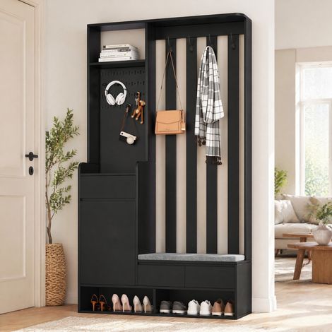 Mobile ingresso con panca imbottita, pannello forato, 4 ganci, MDF nero 100 x 35 x 180 cm HAVRYA (1/5)