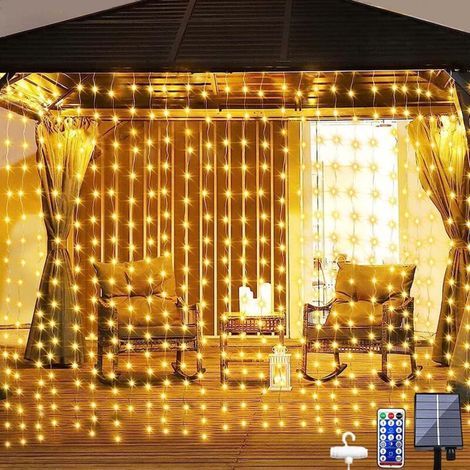 Rideau Lumineux Solaire 3m x 3m 300 LED Guirlande Lumineuse Extérieure avec Télécommande, 8 Modes et Minuterie, Étanche Guirlande Rideau Ramadan pour Décoration Chambre Mariage Noel Extérieur [Classe