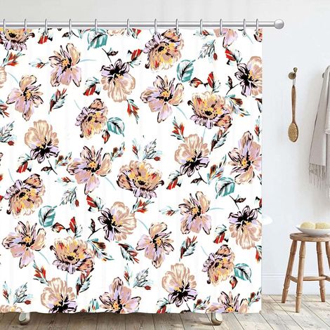 Rideau Douche Floral 180 x180cm, Blanc Rétro Rural Bohemian Imperméable Anti Moisissure Polyester Shower Curtain, Plantes Décoratif Rideau de Bain Baignoire avec 12 Crochets pour Salle de Bains (1/5)