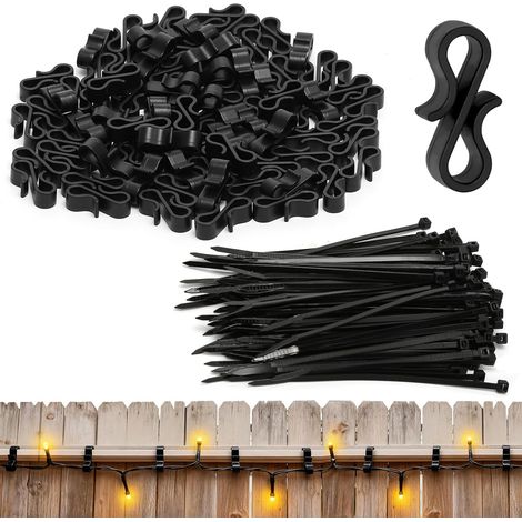 Lot de 100 crochets de gouttière pour éclairage extérieur, 100 clips de gouttière et 100 serre-câbles, mini crochets en S en plastique pour accrocher des guirlandes lumineuses, des lumières (1/5)