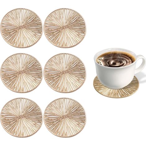 Juego de 6 elegantes posavasos de PVC - Redondos dorados - Reutilizables para bebidas frías y calientes - Posavasos antideslizantes para mesas de jardín y patio