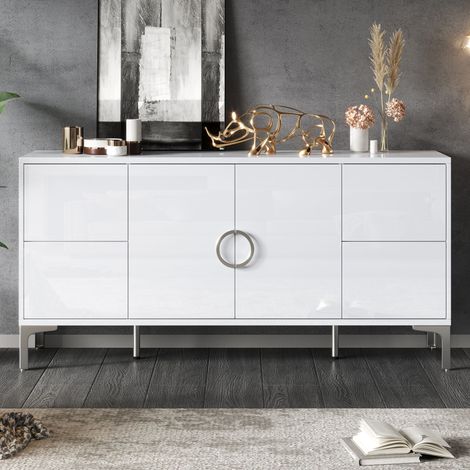 Buffet en bois 150 x 38 x 59,5 cm 4 tiroirs 2 portes pieds métal sans poignées rangement salon salle à manger MDF blanc brillant