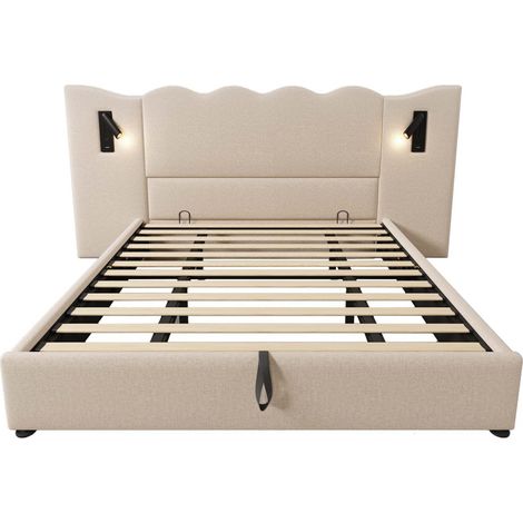 Letto contenitore matrimoniale 180x200 cm con lampada da lettura e USB-C, beige in lino, MODENUIT (1/5)