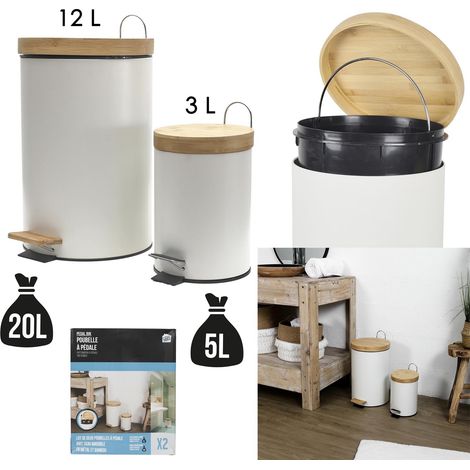 Lot de 2 Poubelles à Pédale - JE CHERCHE UNE IDEE - Métal et Bambou - Blanc et Marron (1/5)