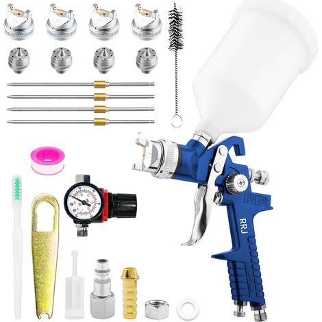 HVLP Pistolet à peinture avec 4 buses de 1,4/1,7/2,0/2,5 mm, pistolet à peinture avec gobelet en plastique de 600 ml, manomètre (bleu) (1/5)