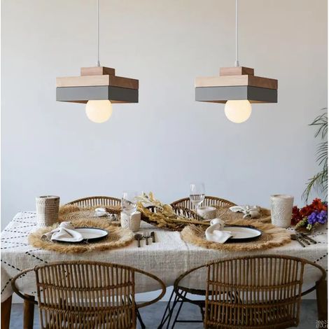 2x Lustre Moderne en Carré Bois 18cm,Lampe Suspension Vintage Industriel E27 Lampe de Plafond Style Nordique pour Salon Cafes (1/5)