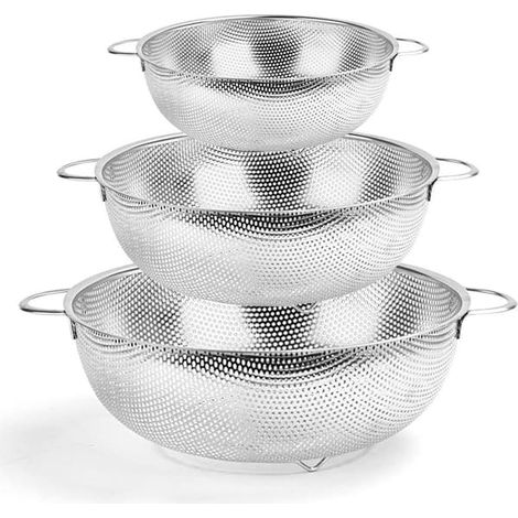 KLVGTIFS PU - Lot de 3 passoires en acier inoxydable avec poignée, passoire perforée en métal pour pâtes/fruits - Compatible lave-vaisselle - (16/22/28 cm) (1/5)