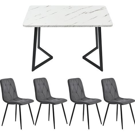 Conjunto de mesa de comedor con 4 sillas 117 x 68 cm MDF blanco con efecto mármol y patas negras (1/5)