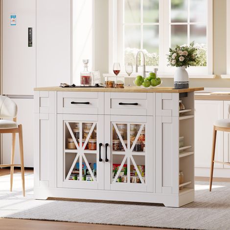 Carrello da cucina 120x40(65)x92 cm, piano con tavolo ribaltabile, 2 AC e 2 USB, ante in vetro, MDF bianco e naturale (1/5)