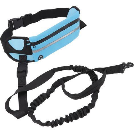 Laisse mains libres pour chien, sac banane, laisse élastique en nylon pour la course et les promenades nocturnes, bleu clair (1/5)