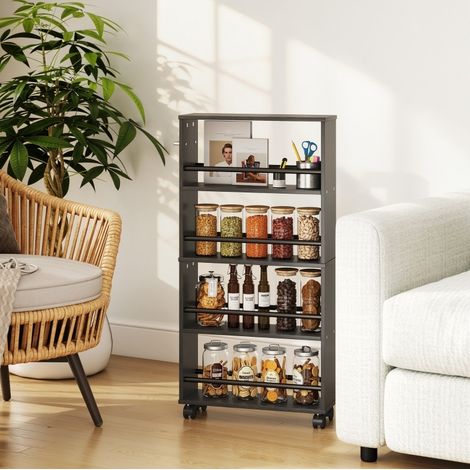 Estantería auxiliar con ruedas 45x15x91 cm negra de madera con 4 compartimentos (1/4)