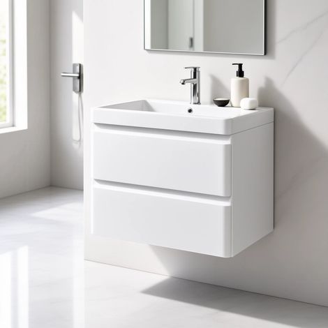 Meuble Salle de Bains avec vasque/lavabo laqué Blanc brillant BORA 80 suspendu laqué Blanc brillant (1/5)