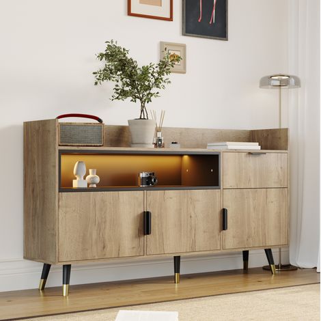 REDOM - Buffet 160x35x82 cm, étagère ouverte, tiroir central, portes, bois d’ingénierie, naturel (1/5)