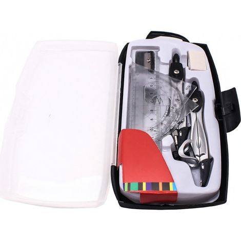 Beyamis Ensemble de 10 pièces de fournitures scolaires de géométrie : règle, compas en métal, rapporteur, crayon, taille-crayon, gomme, mines de rechange. (1/5)